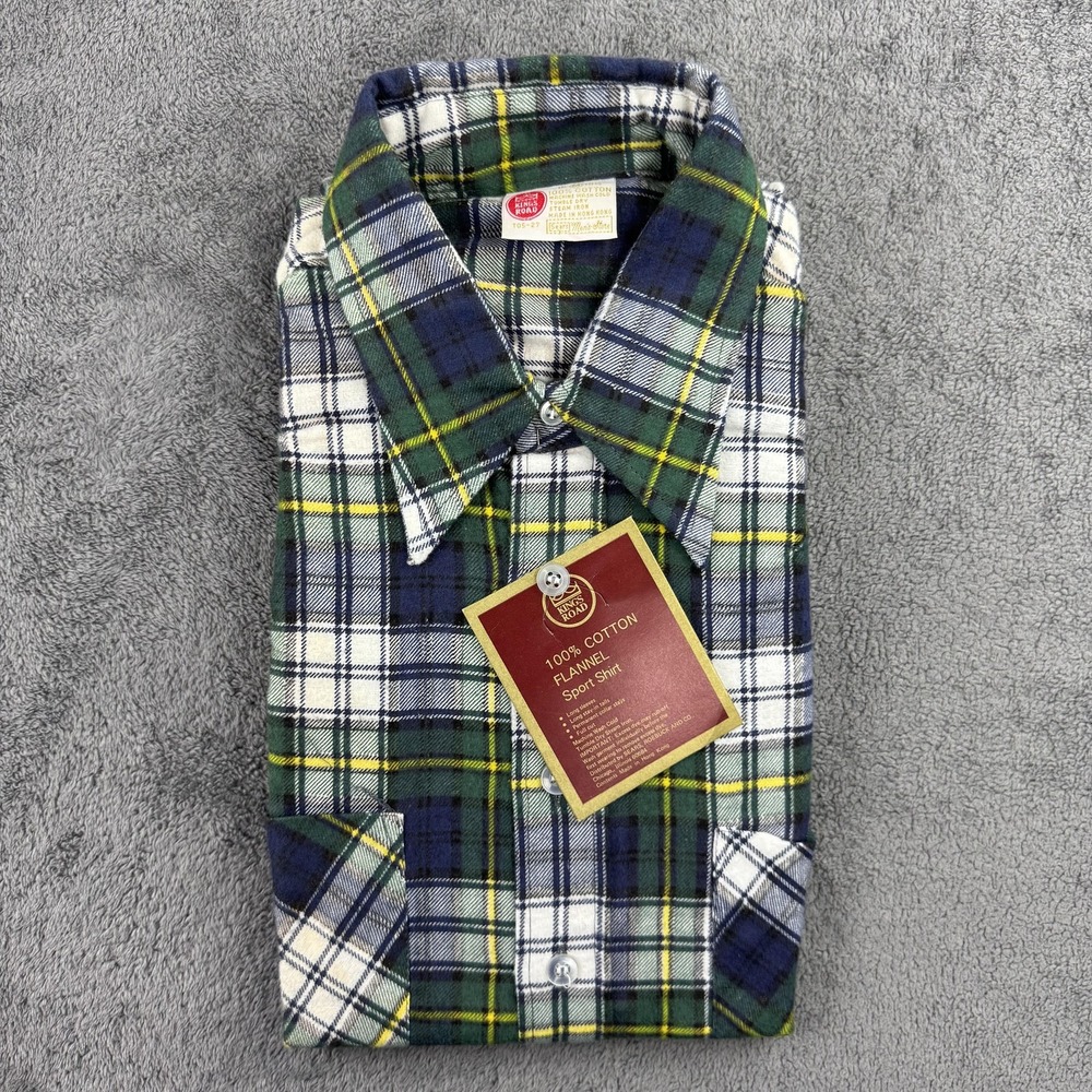 VTG Kings Road Shirt Mens Medium Green Blue Plaid Flannel Button Up Hong Kong